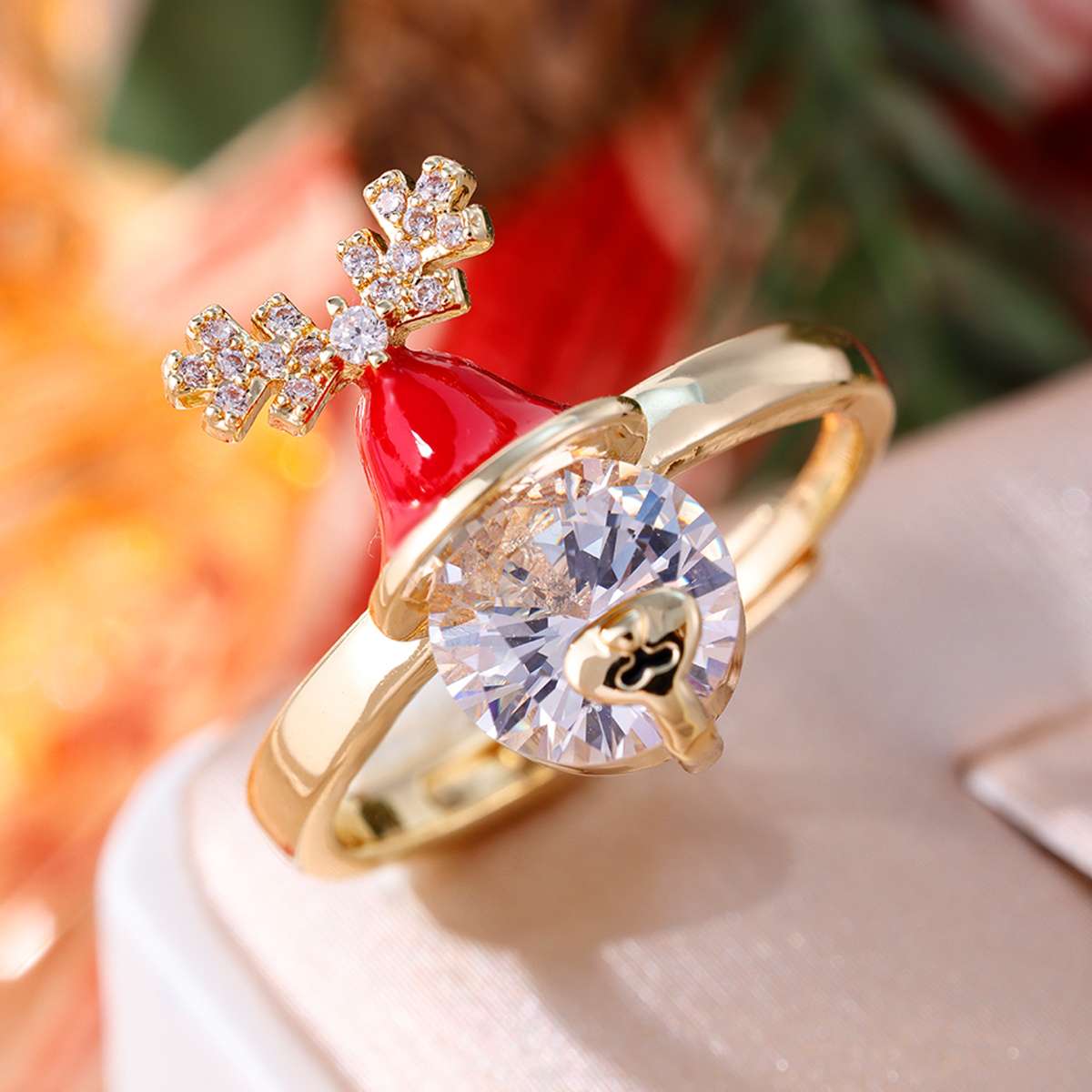 Festive Christmas Antler Statement Ring with Zirconia & Red Enamel